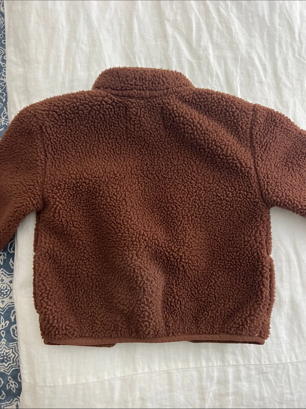 Girls' Brown Sherpa Jacket with Blue Flower Pockets